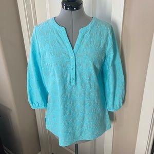 Talbots V-neck Popover Blouse, Aqua, Size M